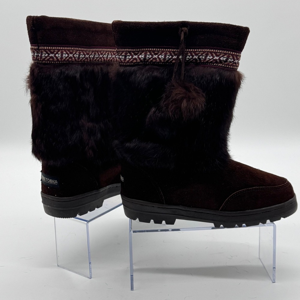 Minnetonka Mukluk Boots Brown Suede Rabbit Fur Shearling Lining 4902 Womens 8